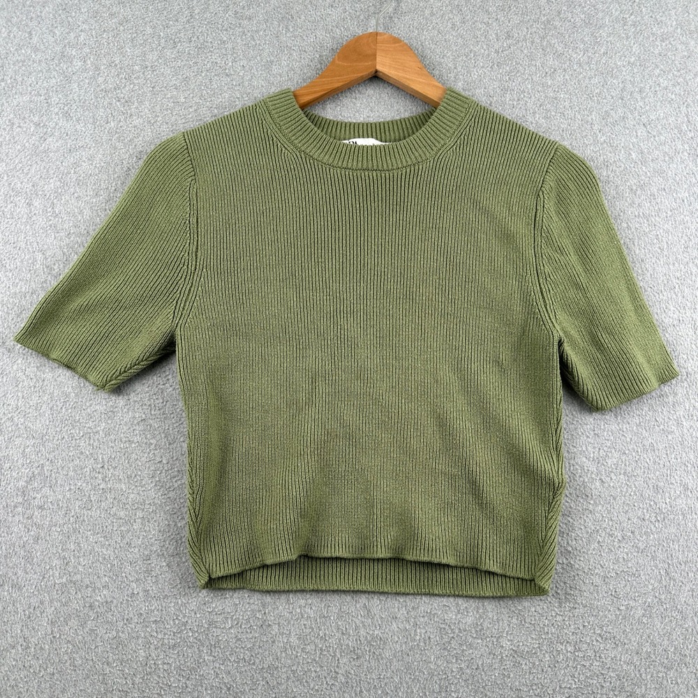 Zara Sweater Womens L 9598/291 Green Ribbed Knit Short Sleeve Crop Top